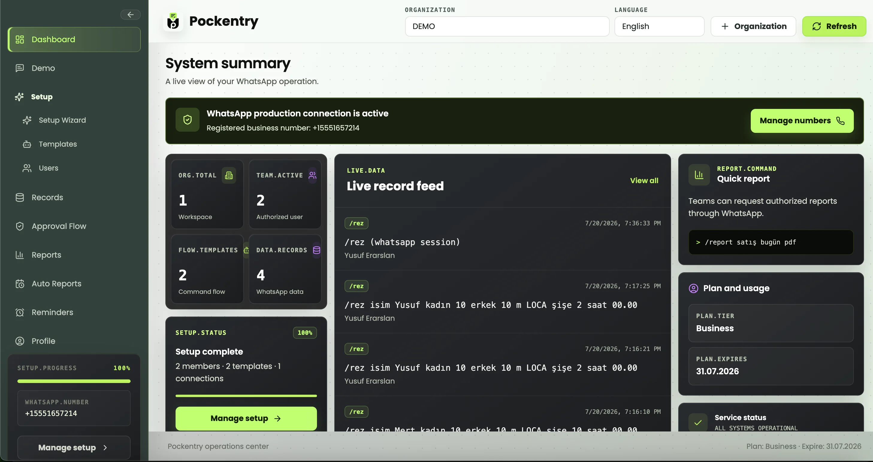 Pockentry dashboard canlı kayıt akışı