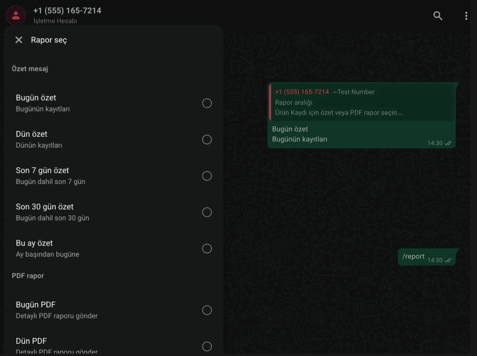 WhatsApp üzerinden rapor seçimi