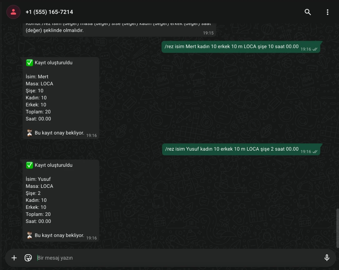 WhatsApp command and report screen